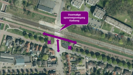 Luchtfoto van voormalige spoorwegovergang Kerkweg met daarop het fietspad getekend