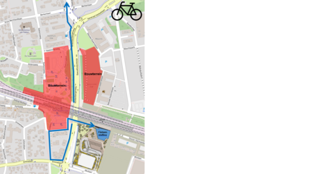 Kaartje met de route voor reizigers uit de richting Ede-Centrum naar de nieuwe fietsenstalling op het Zuidplein