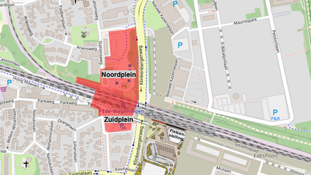 Kaartje met de overzicht van de bouwterreinen op Noordplein en Zuidplein